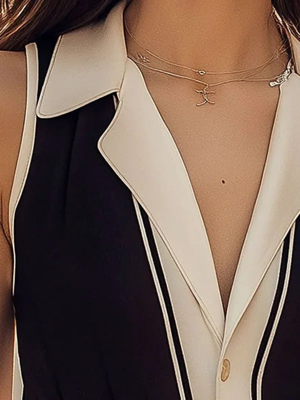 Buttoned Contrast Color Loose Sleeveless Notched Collar Blouses&Shirts Tops