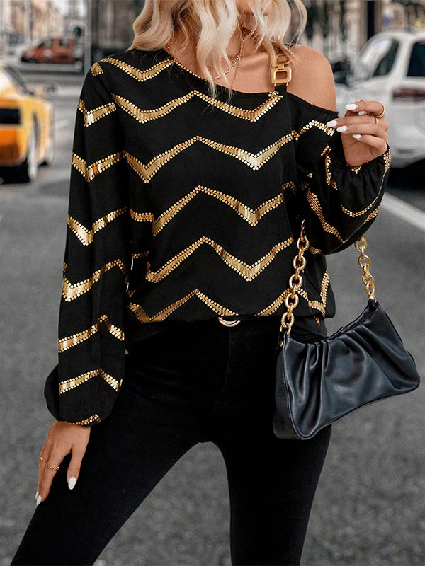 Asymmetric Bronzing Chains Elasticity Striped Long Sleeves Loose Asymmetric Collar T-Shirts Tops