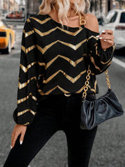 Asymmetric Bronzing Chains Elasticity Striped Long Sleeves Loose Asymmetric Collar T-Shirts Tops