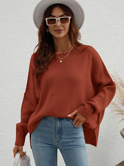 Casual Long Sleeves Loose Split-Side Solid Color Round-Neck Sweater Tops