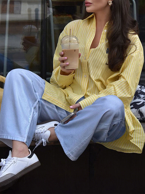 Buttoned Pockets Striped Long Sleeves Loose Lapel Blouses&Shirts Tops