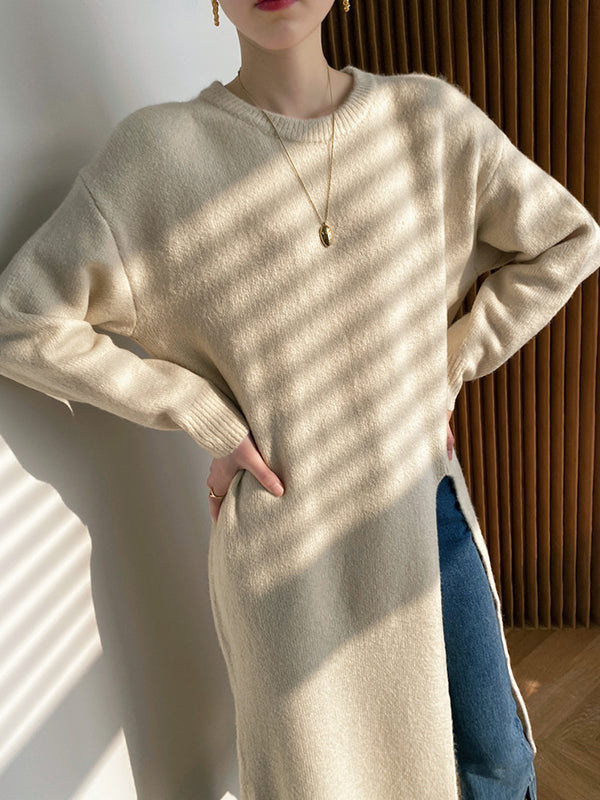 Loose Split-Side Solid Color Round-Neck Knitting Sweater Dresses