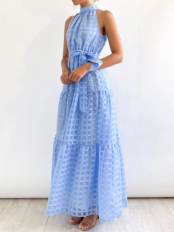 Plaid Ribbed Loose Sleeveless Stand Collar Maxi Dresses