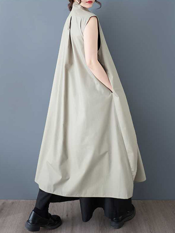 Pockets Solid Color Tied Zipper A-Line Loose V-Neck Shirt Dress Midi Dresses