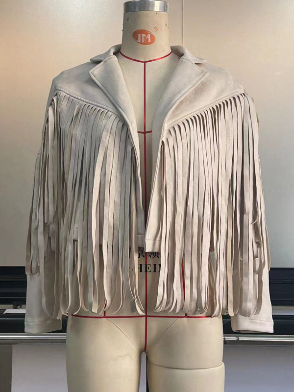 Solid Color Split-Joint Tasseled Long Sleeves Notched Collar Jackets