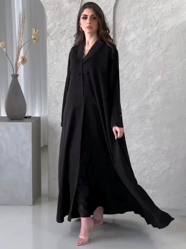 Solid Color Loose Buttoned Pleated Lapel Collar Long Sleeves Maxi Dresses