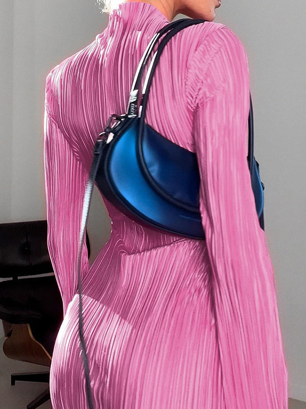 Pleated Solid Color Bodycon Flared Sleeves Mock Neck Mini Dresses