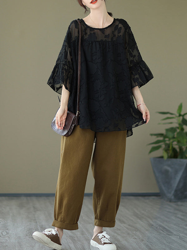 Falbala Pleated See-Through Split-Joint Loose Short Sleeves Round-Neck T-Shirts