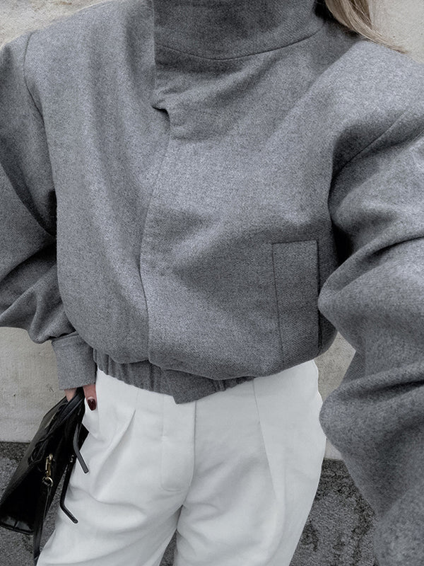 Elasticity Solid Color Long Sleeves Loose Stand Collar Woolen Coat