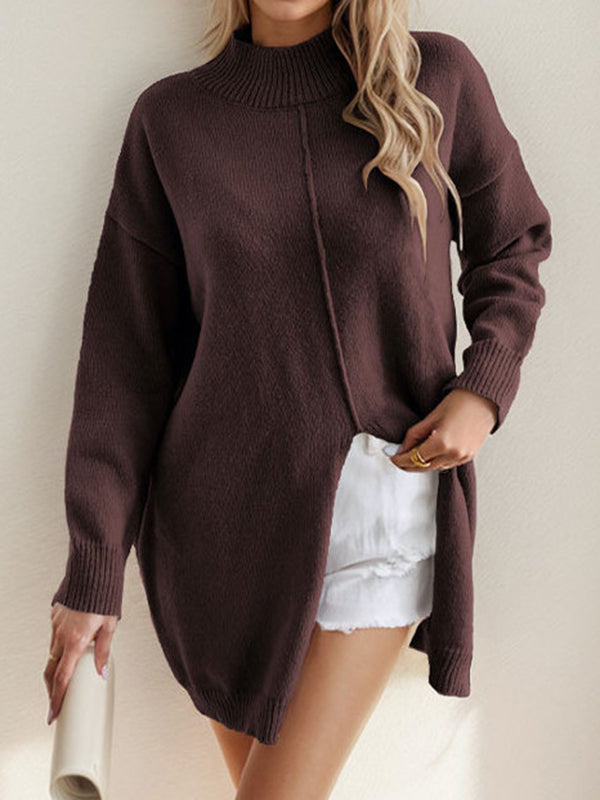 Solid Color Split-Front Split-Joint Long Sleeves Loose Mock Neck Sweater Tops