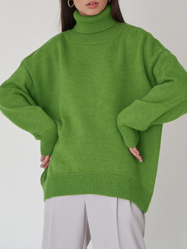 Long Sleeves Loose Solid Color High Neck Knitwear Pullovers Sweater Sweater Tops