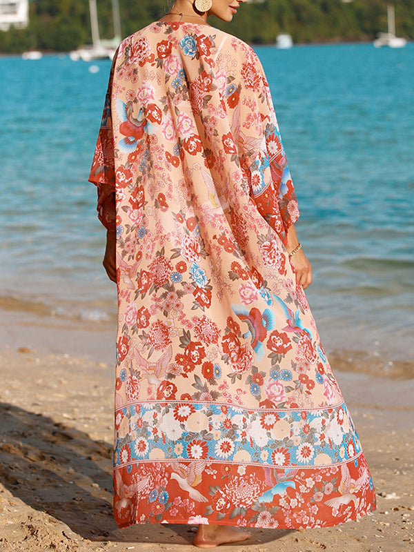 Flower Print Sun protection Long Sleeves Loose Collarless Cover-Ups Tops