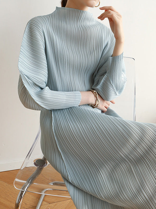 Original Creation Loose Long Sleeves Pleated Solid Color High-Neck Midi Dresses