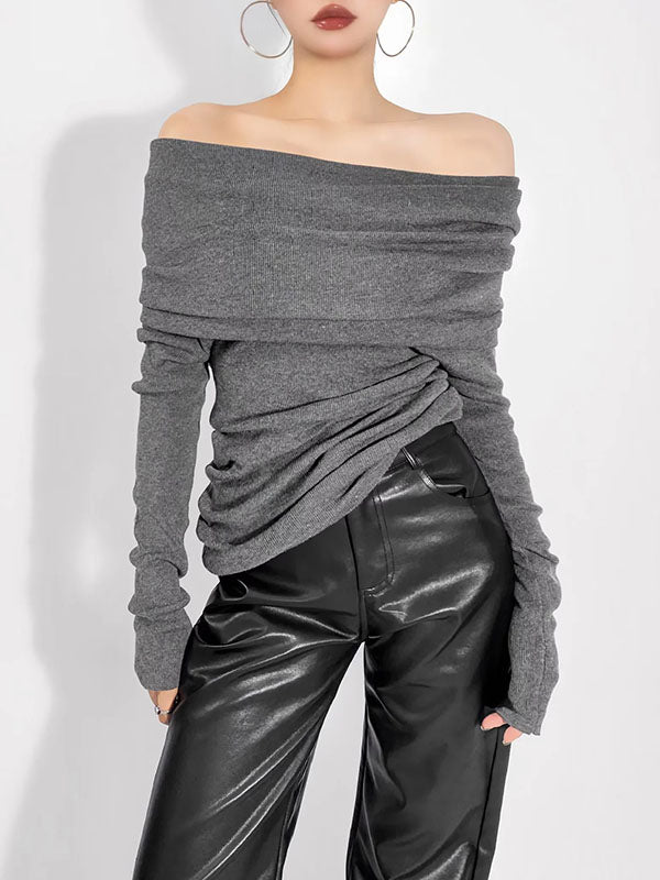 Pleated Solid Color Split-Joint Long Sleeves Skinny Off-the-shoulder Pullovers Knitwear