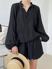 Casual Loose Solid Color Puff Sleeves Blouse&Wide Leg Shorts Two Pieces Set