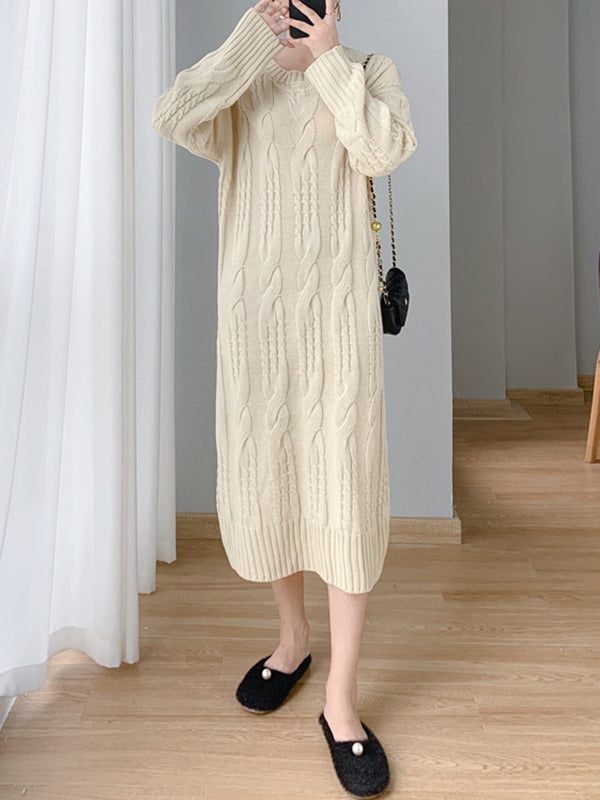 Simple Loose Long Sleeves Jacquard Solid Color Round-Neck Midi Dresses