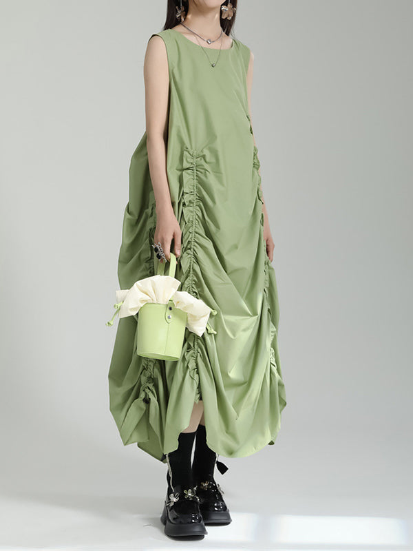 Solid Color Irregular clipping Loose Round-neck Midi Dresses