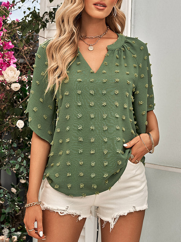 Jacquard Solid Color Half Sleeves Loose V-Neck T-Shirts Tops