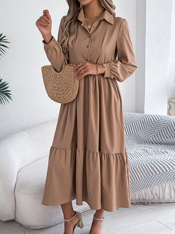 Pleated Ruffled Solid Color High Waisted Long Sleeves Lapel Shirt Dress Midi Dresses