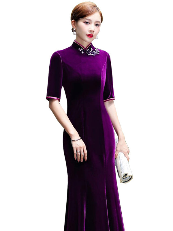 Original Applique Pleuche Stand Collar Half Sleeves Long Cheongsams