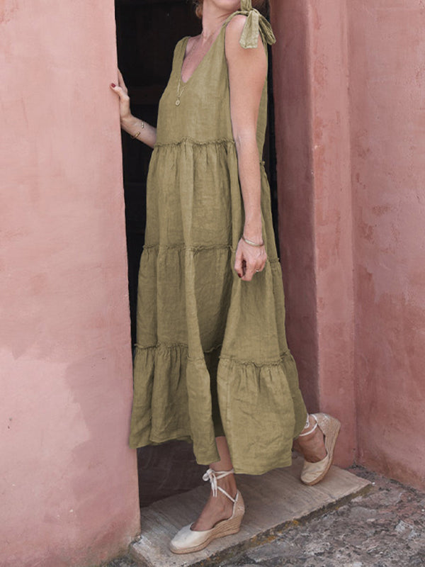 Solid Color Loose Sleeveless V-Neck Midi Dresses