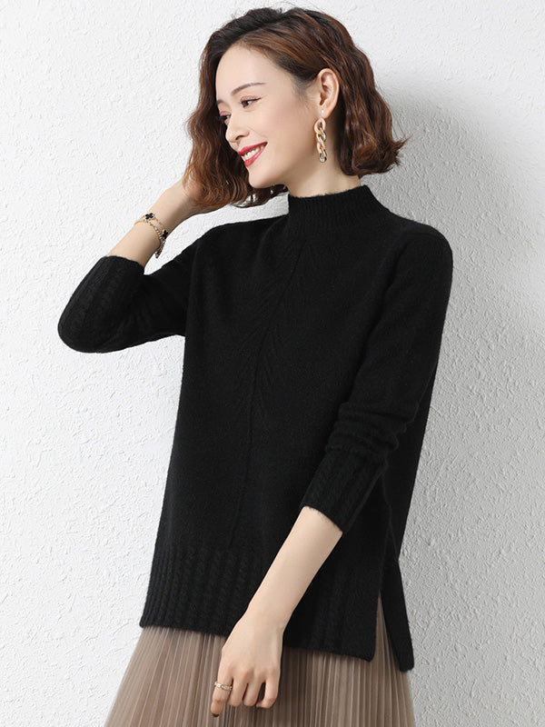Loose Split-Side Solid Color Half Turtleneck Sweater Tops