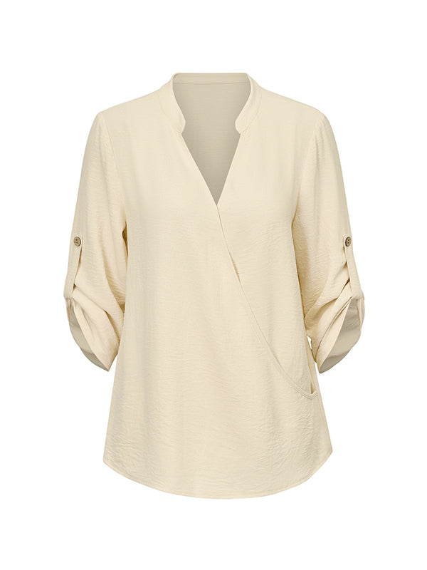 Asymmetric Buttoned Solid Color Long Sleeves Loose V-Neck Blouses&Shirts Tops