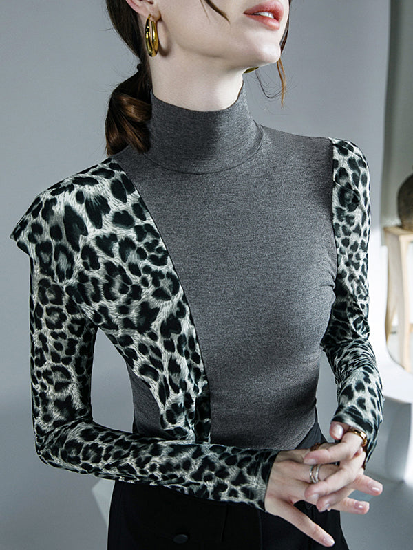 Leopard Split-Joint Long Sleeves Skinny High-Neck T-Shirts Tops