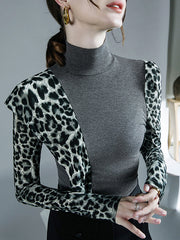 Leopard Split-Joint Long Sleeves Skinny High-Neck T-Shirts Tops
