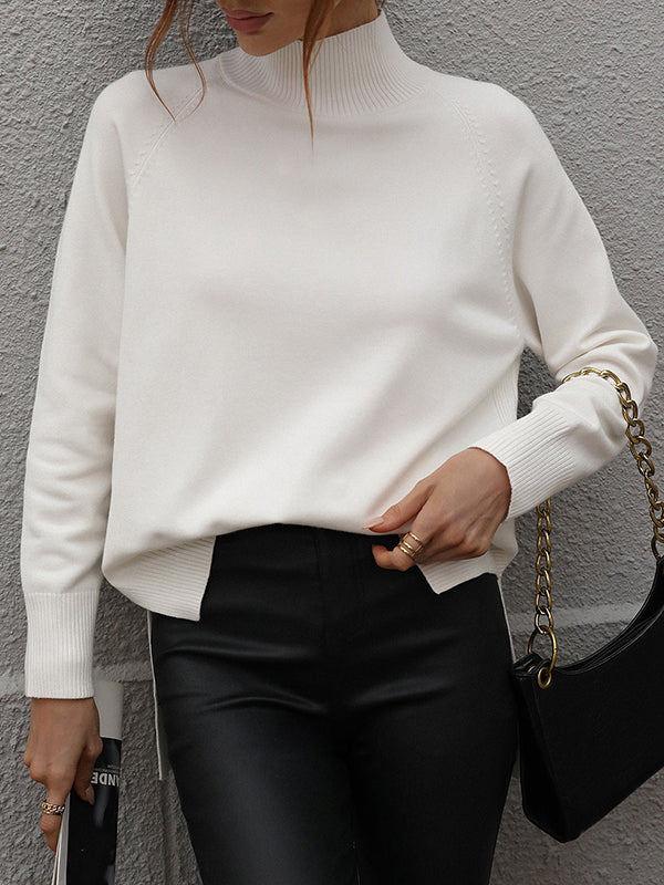 Solid Color Split-Side High-Low Long Sleeves High Neck Sweater Tops Pullovers