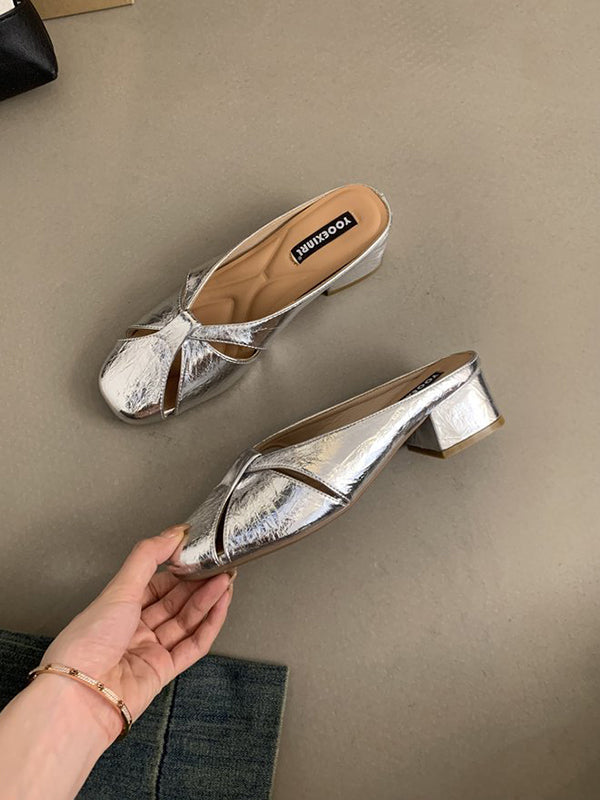 Hollow Round-Toe Shiny Slippers&Mules Pumps