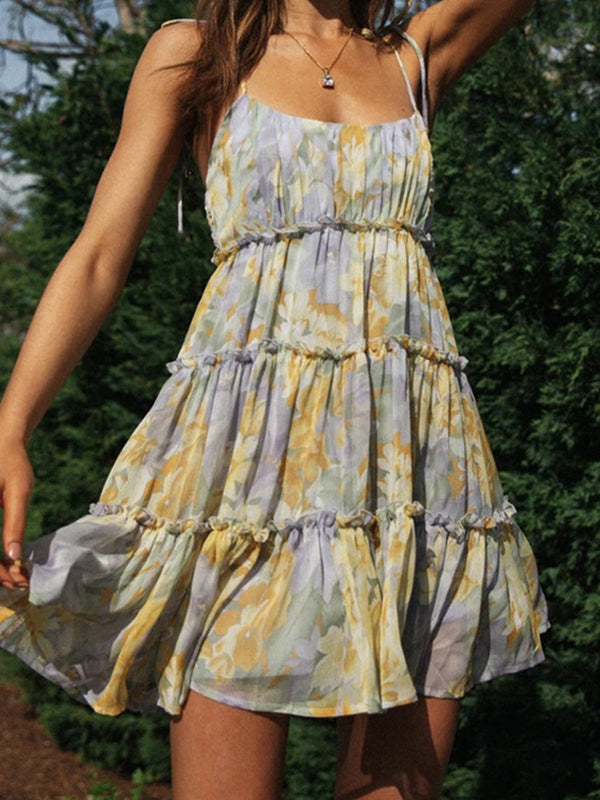 Flower Print Layered Pleated Split-Joint Tied A-Line Loose Spaghetti-Neck Mini Dresses