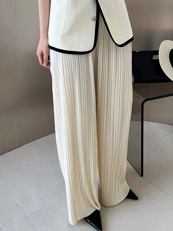 Pleated Solid Color Wide Leg Pants Bottoms