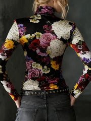 Long Sleeves Skinny Contrast Color Flower Print High Neck T-Shirts Tops