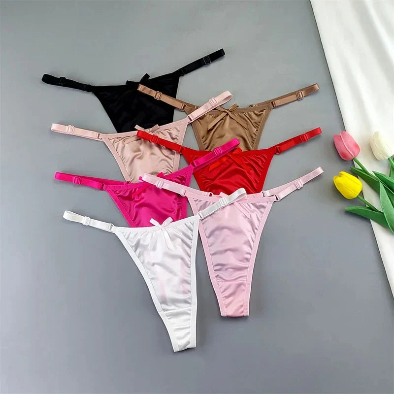 2PCS Lingerie Adjustable Thongs Seamless Satin G-string Sports Low Rise T-back Bow Panties Plus Size
