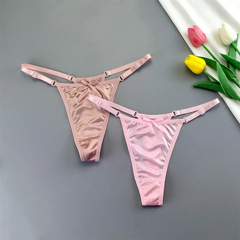 2PCS Lingerie Adjustable Thongs Seamless Satin G-string Sports Low Rise T-back Bow Panties Plus Size