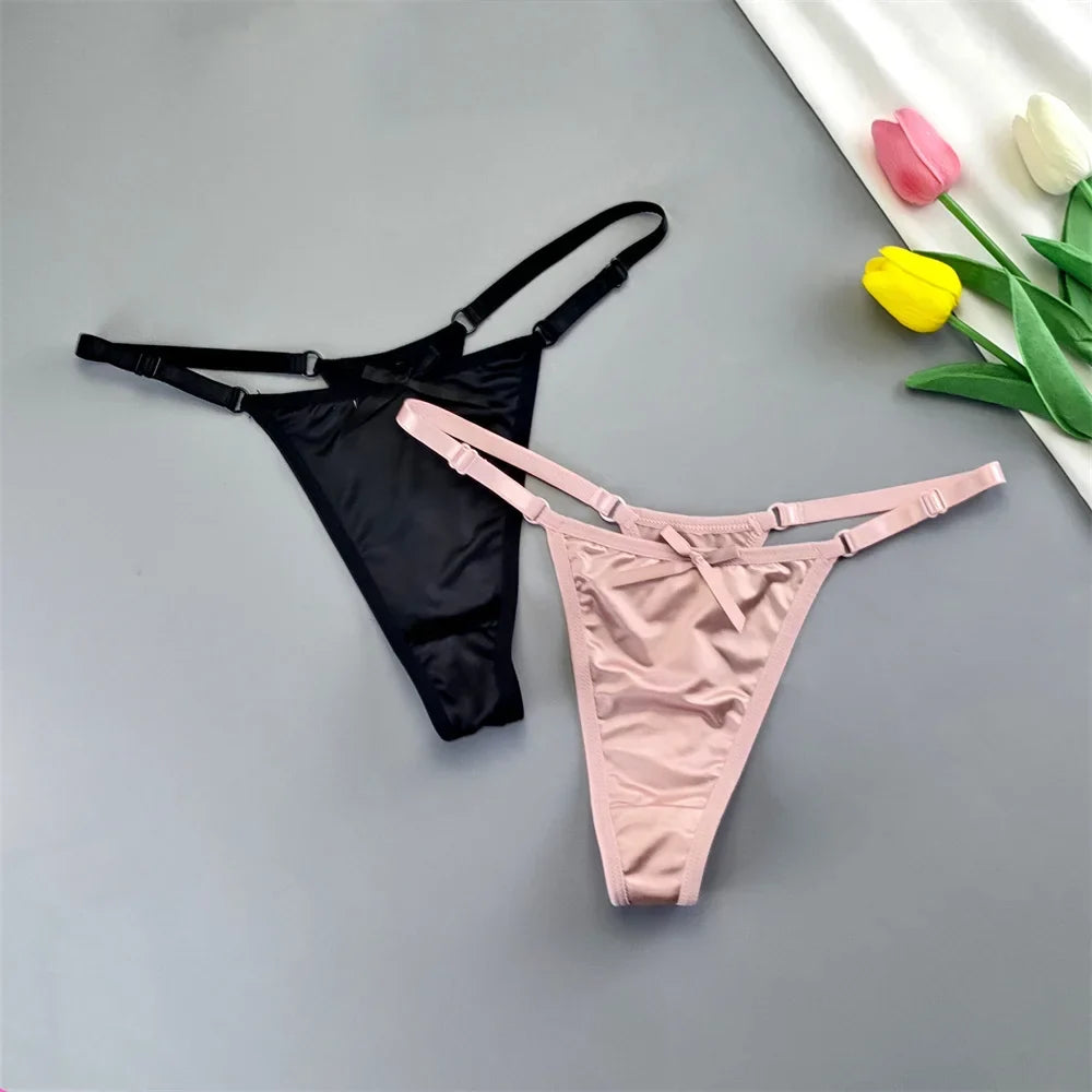 2PCS Lingerie Adjustable Thongs Seamless Satin G-string Sports Low Rise T-back Bow Panties Plus Size