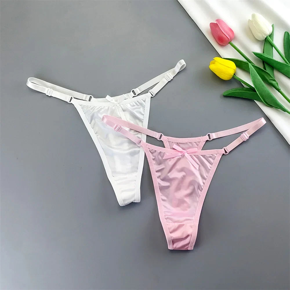 2PCS Lingerie Adjustable Thongs Seamless Satin G-string Sports Low Rise T-back Bow Panties Plus Size