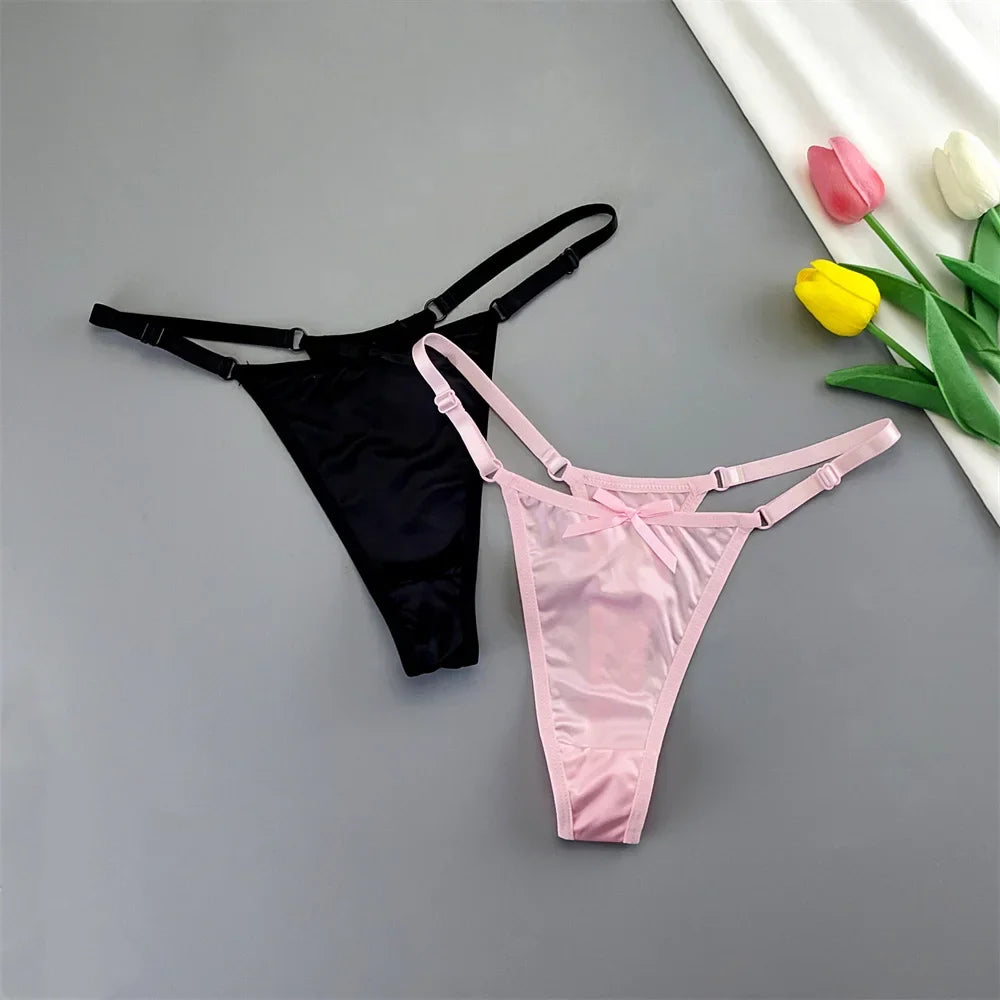 2PCS Lingerie Adjustable Thongs Seamless Satin G-string Sports Low Rise T-back Bow Panties Plus Size