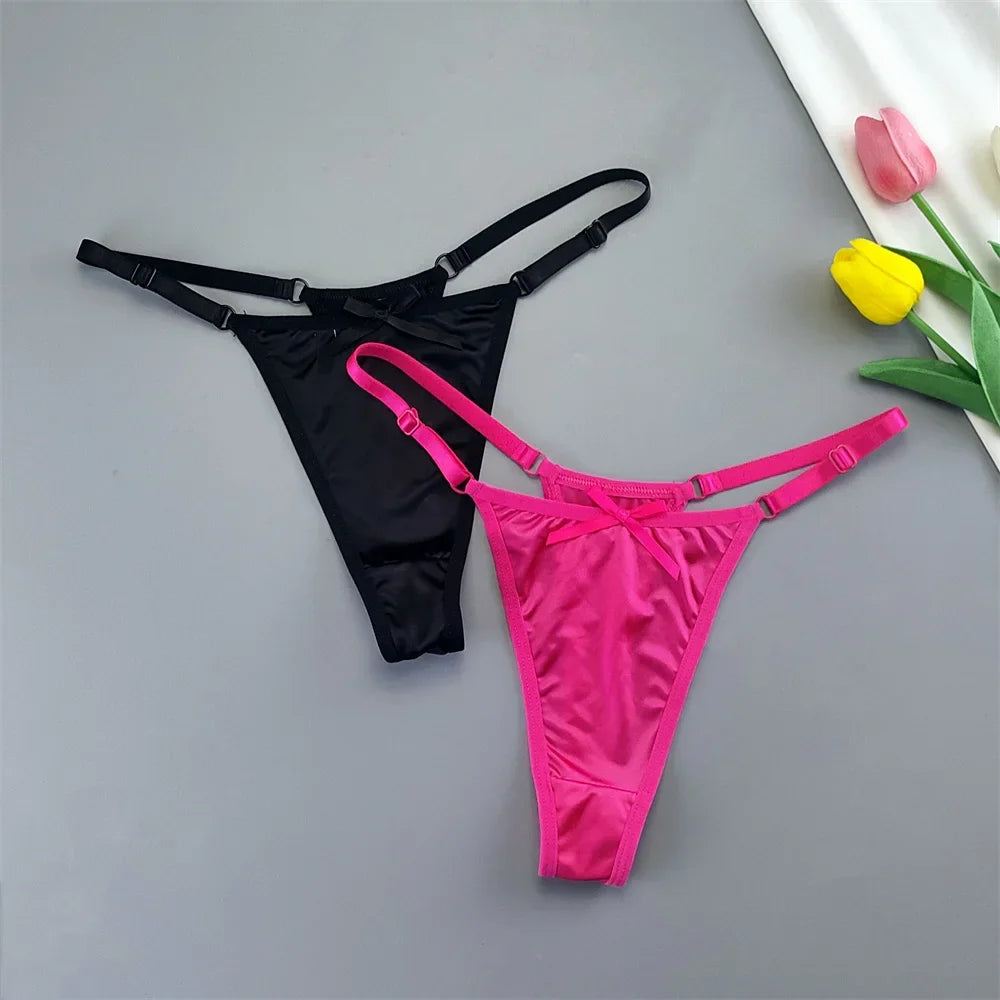 2PCS Lingerie Adjustable Thongs Seamless Satin G-string Sports Low Rise T-back Bow Panties Plus Size