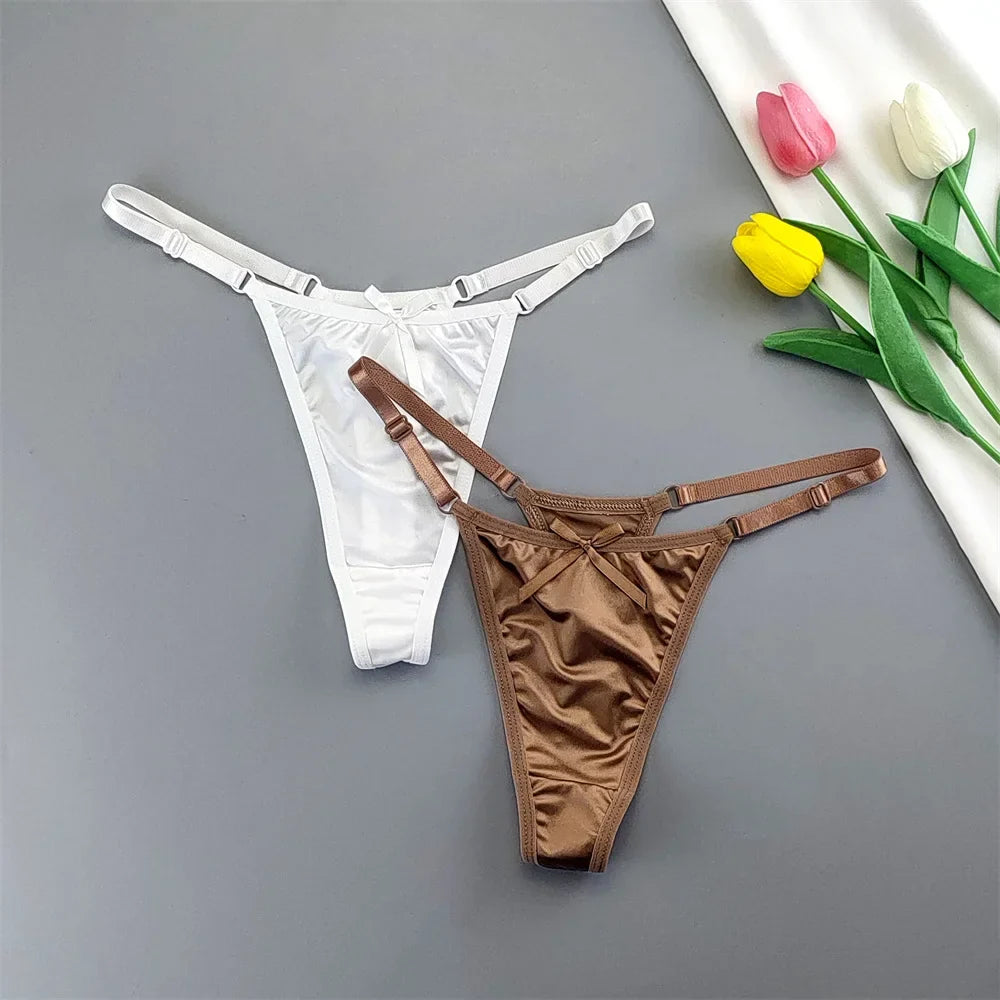 2PCS Lingerie Adjustable Thongs Seamless Satin G-string Sports Low Rise T-back Bow Panties Plus Size