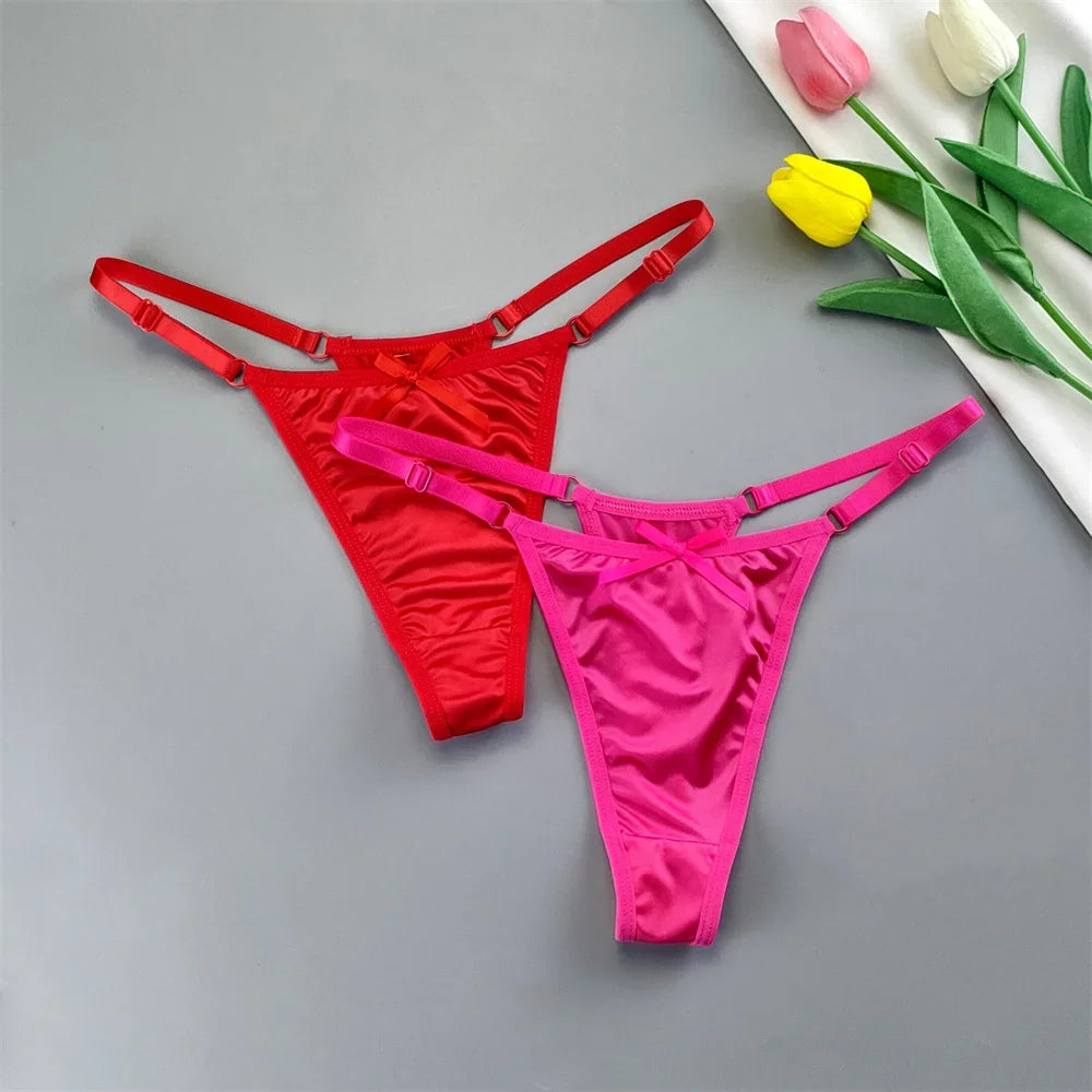 2PCS Lingerie Adjustable Thongs Seamless Satin G-string Sports Low Rise T-back Bow Panties Plus Size