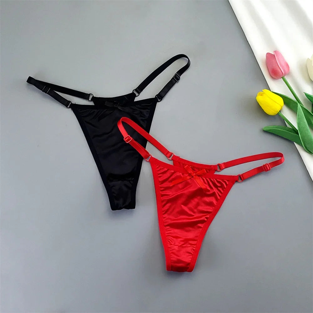 2PCS Lingerie Adjustable Thongs Seamless Satin G-string Sports Low Rise T-back Bow Panties Plus Size
