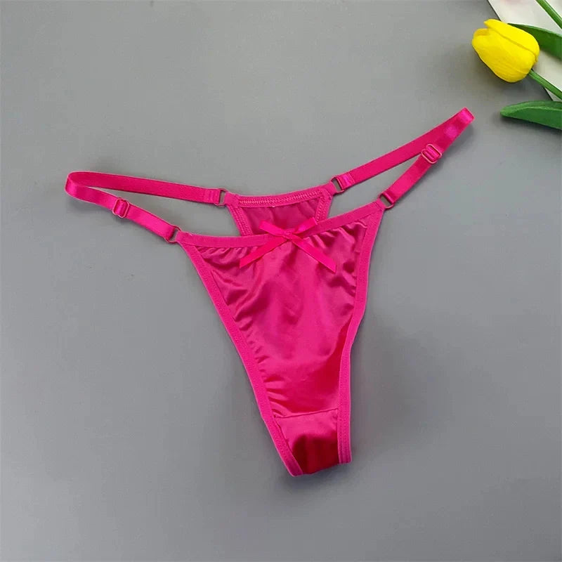 2PCS Lingerie Adjustable Thongs Seamless Satin G-string Sports Low Rise T-back Bow Panties Plus Size