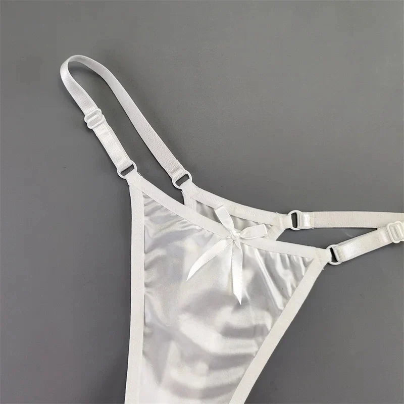 2PCS Lingerie Adjustable Thongs Seamless Satin G-string Sports Low Rise T-back Bow Panties Plus Size