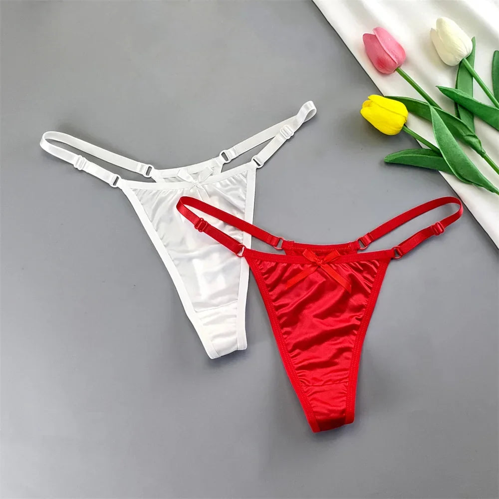 2PCS Lingerie Adjustable Thongs Seamless Satin G-string Sports Low Rise T-back Bow Panties Plus Size