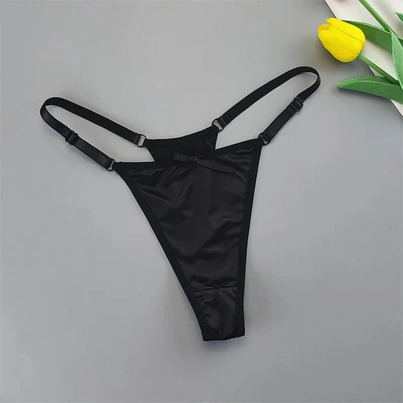 2PCS Lingerie Adjustable Thongs Seamless Satin G-string Sports Low Rise T-back Bow Panties Plus Size