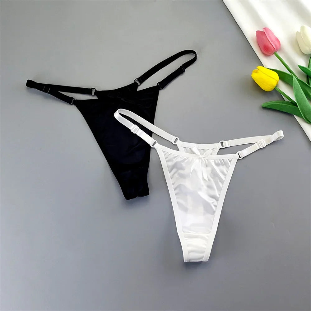 2PCS Lingerie Adjustable Thongs Seamless Satin G-string Sports Low Rise T-back Bow Panties Plus Size