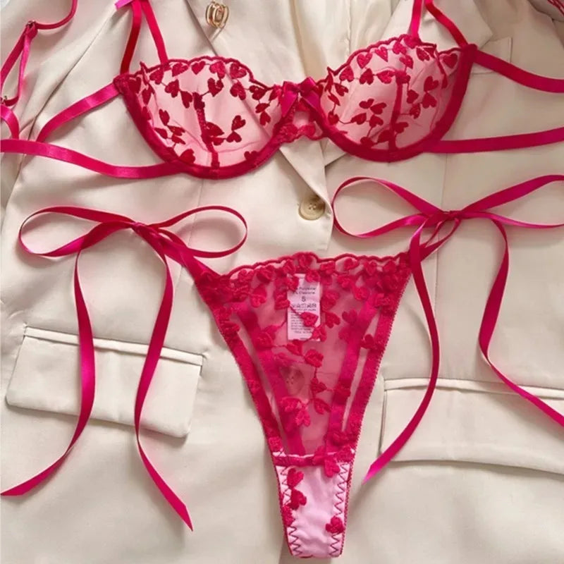 2Piece Exotic Lingerie Underwire Bra Strap Panties Sheer Mesh Embroidery Underwear
