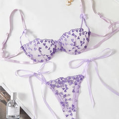 2Piece Exotic Lingerie Underwire Bra Strap Panties Sheer Mesh Embroidery Underwear